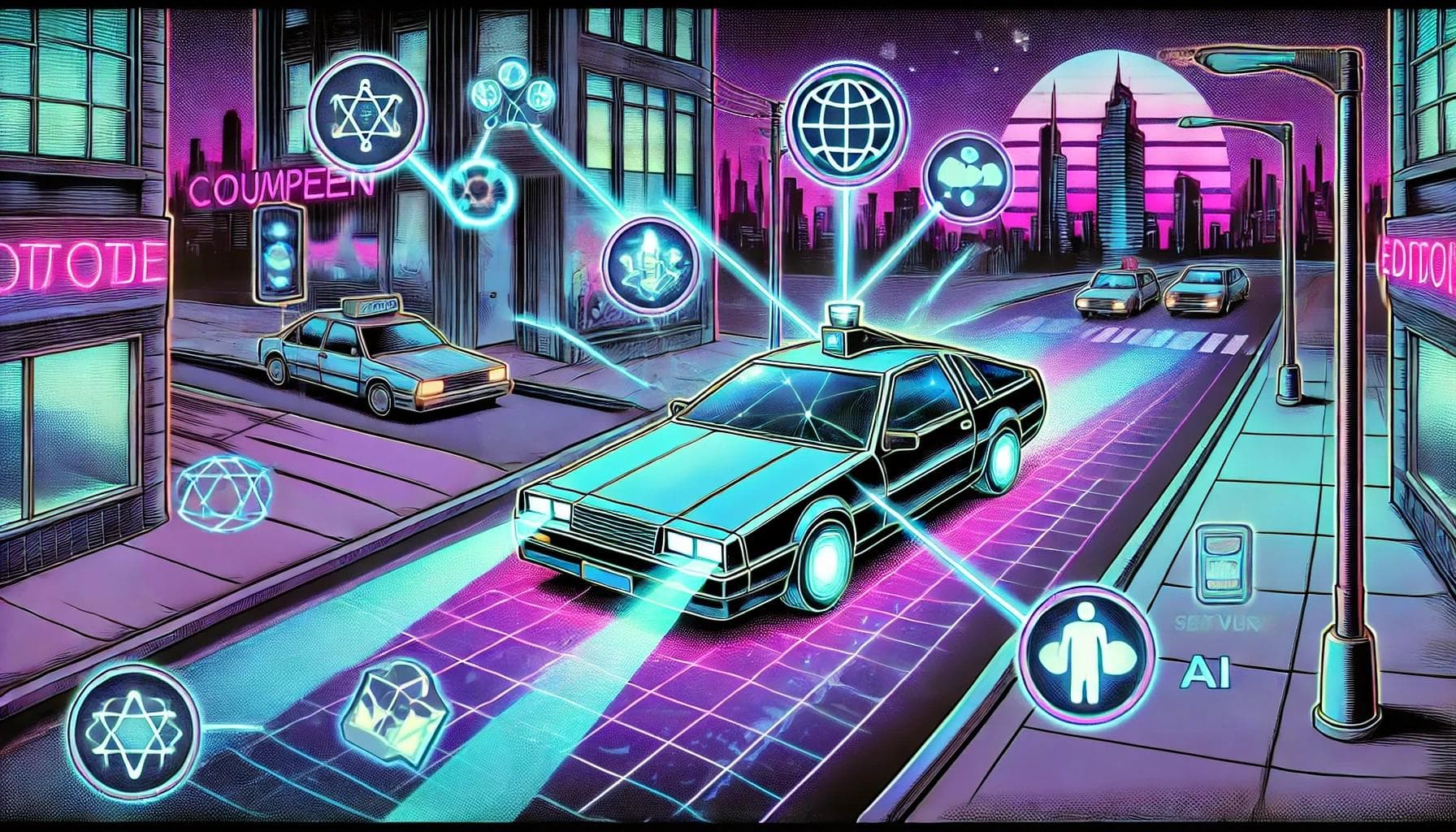 An 80s comic book-style illustration depicting the concept of edge computing in autonomous vehicles. An 80s comic book-style illustration depicting the concept of edge computing in autonomous vehicles.