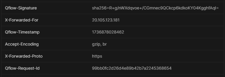 An image showing the Q-Flow headers stipulating the Q-Flow timestamp, Request ID and Signature.  An image showing the Q-Flow headers stipulating the Q-Flow timestamp, Request ID and Signature.