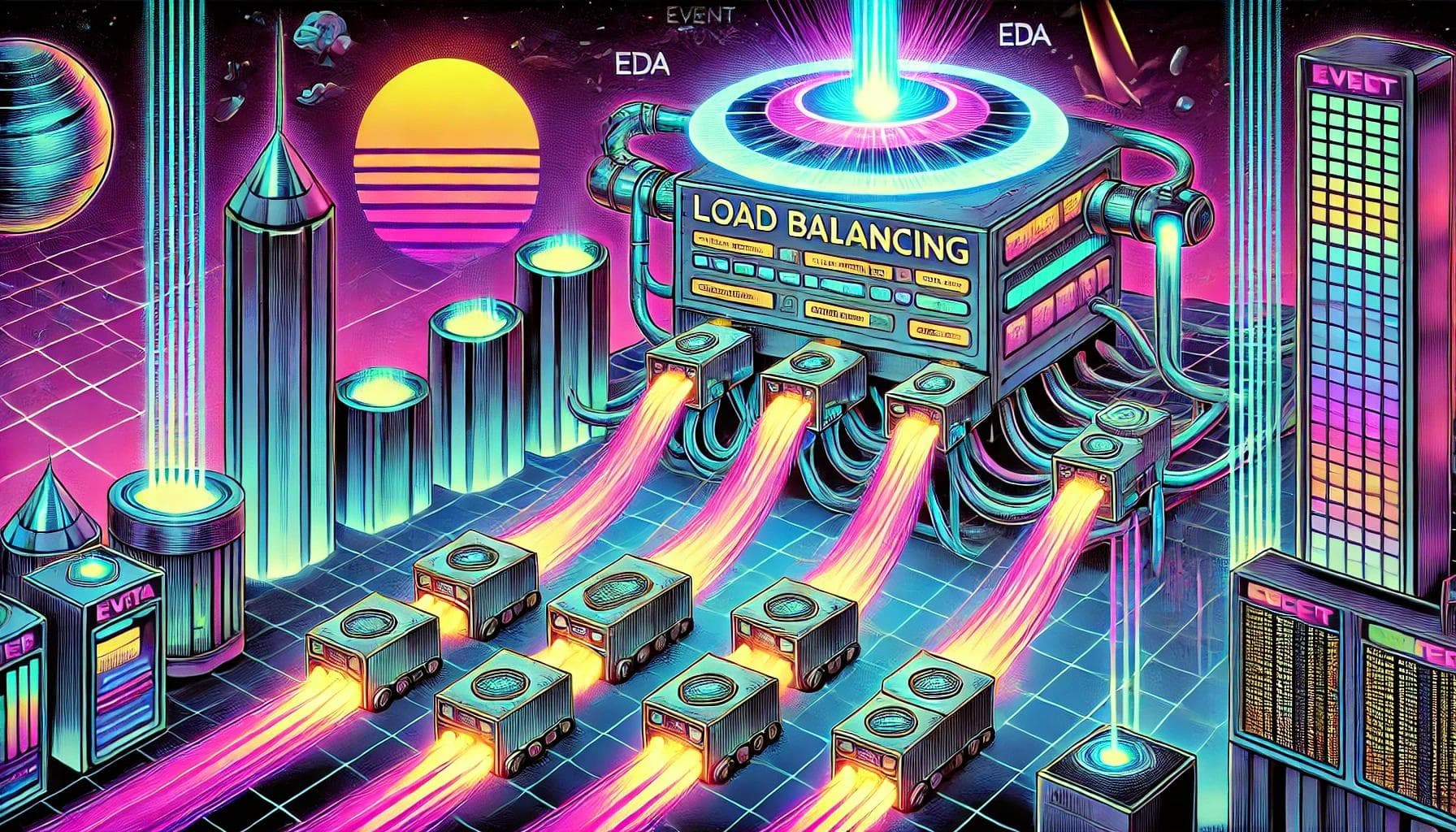 An 80s comic book-style illustration depicting the concept of load balancing in an Event-Driven Architecture (EDA). An 80s comic book-style illustration depicting the concept of load balancing in an Event-Driven Architecture (EDA).