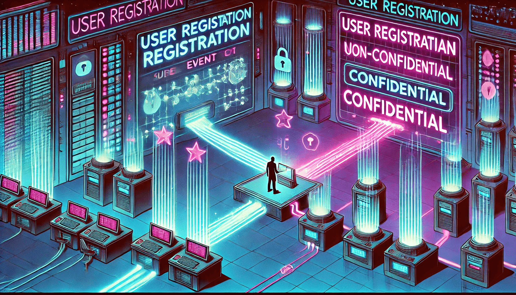 A futuristic scene where an event is being processed.  A futuristic scene where an event is being processed.