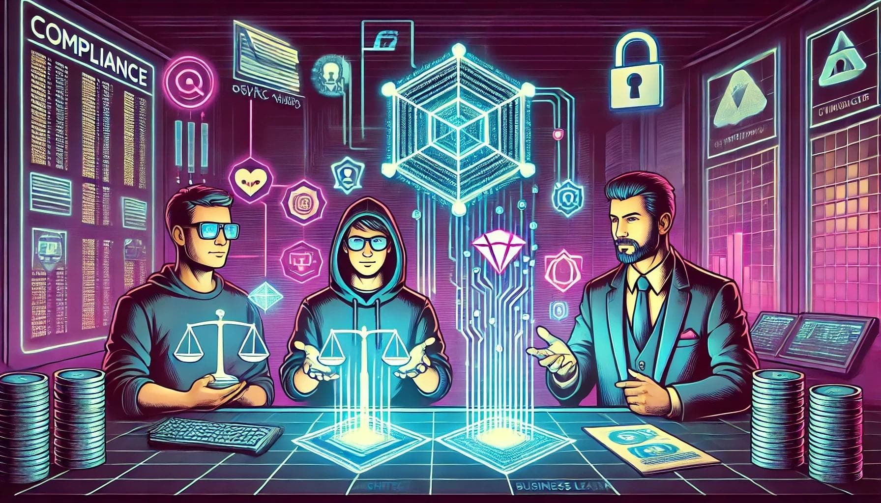 Futuristic image showing three people around a table, looking at Compliance issues. Futuristic image showing three people around a table, looking at Compliance issues.