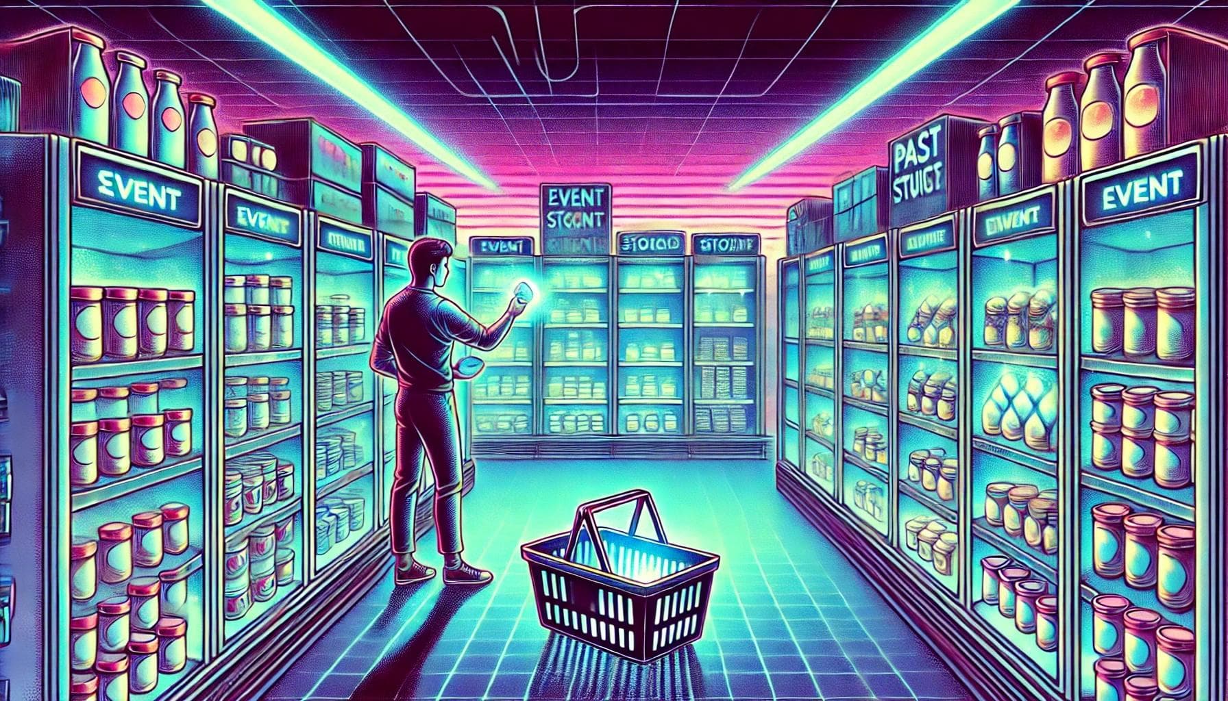 An 80s comic book-style illustration depicting the concept of event storage in an event-driven architecture. An 80s comic book-style illustration depicting the concept of event storage in an event-driven architecture.