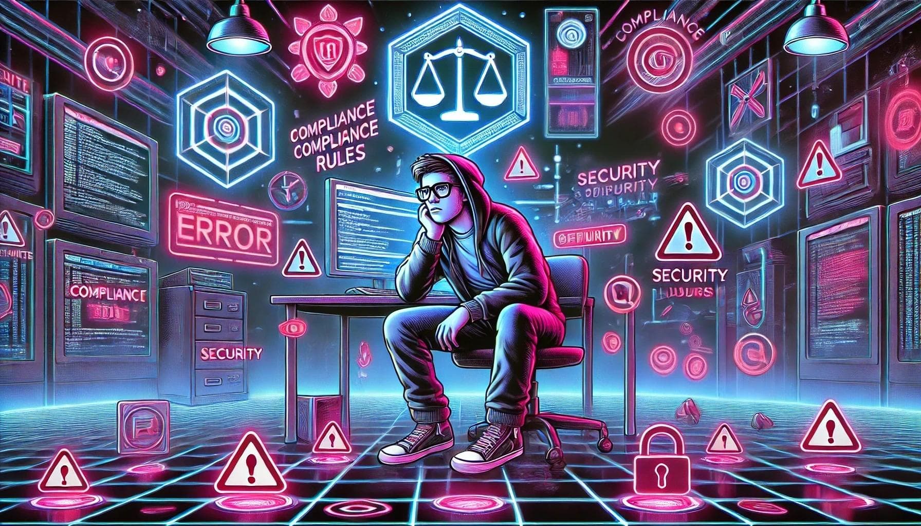 An image depicting a Developer surrounded by compliance errors and security warnings.  An image depicting a Developer surrounded by compliance errors and security warnings.
