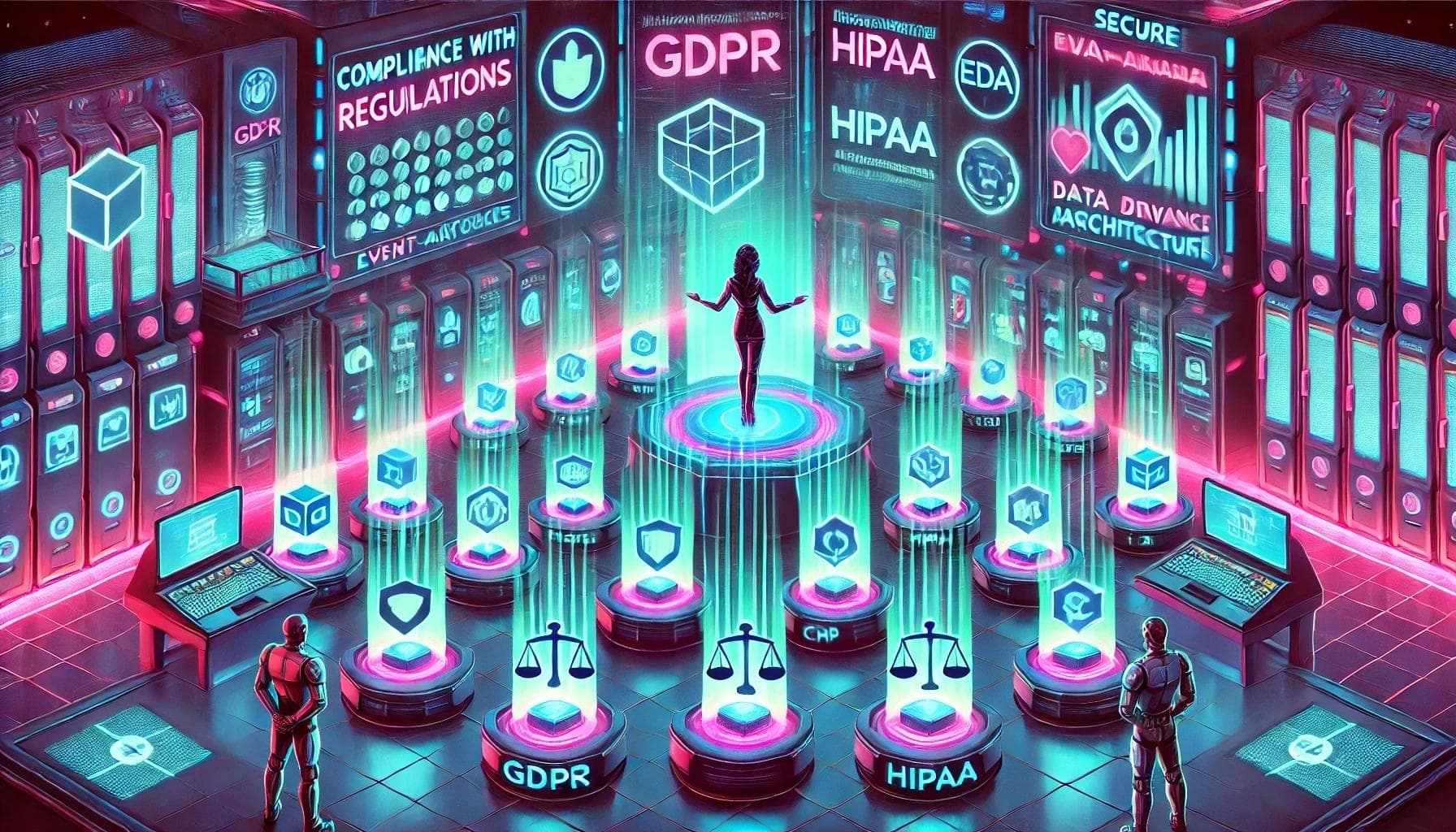 Futurist image depicting EDA along with GDPR and HIPAA regulations. Futurist image depicting EDA along with GDPR and HIPAA regulations.